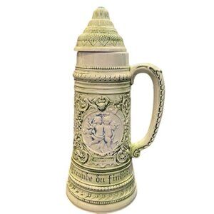 Vintage German Beer Stein With Embossed Cherub Design & Lid 1 Liter Capacity Cer
